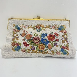Vintage Handbag Needlepoint Seed Bead Floral Purse Clutch Gold Chain Satin Lined - Picture 1 of 21