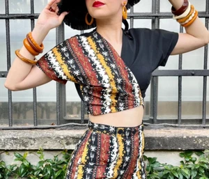 BloodyEdith 50s Crop Top Womens M Black Brown Tropical Tiki 40s Retro Repro - Picture 1 of 8