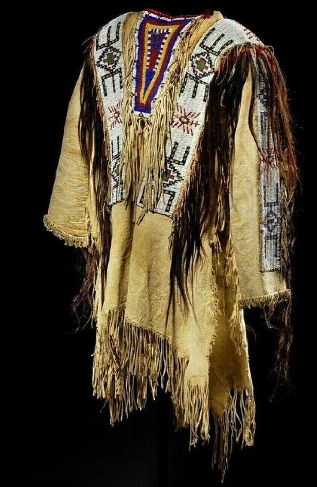 Men Native American Western Warrior Oglala Lakota Suede Leather Shirt Beaded - Image 1 of 4