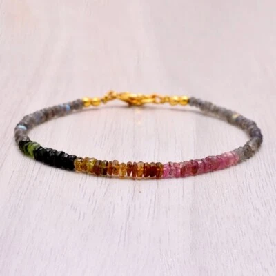 Labradorite & Multi Tourmaline Faceted Rondelle Gemstone Beaded Bracelets 6-8'' - Image 1 of 4