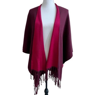 Suéter Chicos Mujer Talla Única Rojo Borgoña Flecos Reversible Ruana Tejido Envolvente Foto 1 de 4