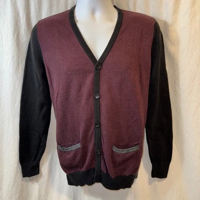 Gently Used Men’s Express Colorblock Maroon, Black & Gray Cotton Cardigan Sz Sm - Image 1 of 4