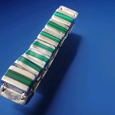 J Gomes DESIGNER SIGNED Sterling Silver 970 Malachite Texaco Bracelet 6.5" INCH - Image 1 of 4