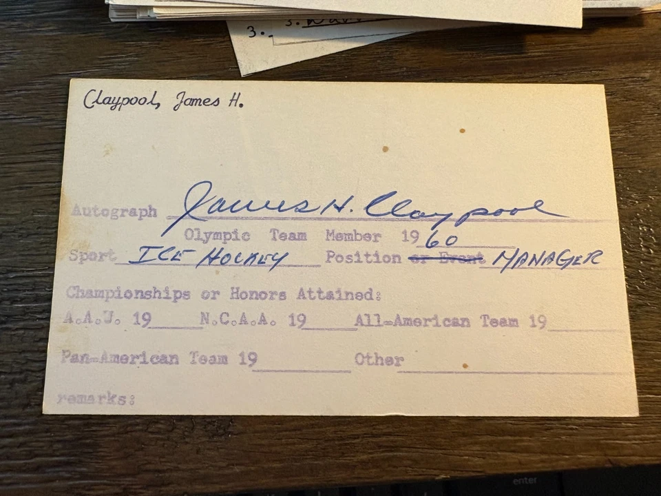 James Claypool 1960 Juegos Olímpicos de Estados Unidos Minnesota firmado autógrafo hockey 3x5 tarjeta índice Foto 1 de 1