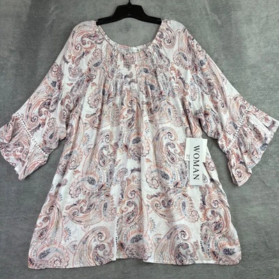 89th + Madison Womens 2X Paisley Blouse Smocked Neck Bell Sleeve Cottage NEW - Image 1 of 4