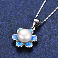 Fashion Silver Blue Simulated Opal White Pearl Pendant Necklace Wedding Jewelry