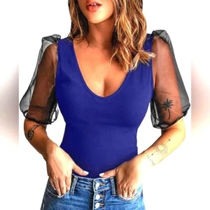 Königsblaues T-Shirt Oberteil mit schwarzen transparenten Puffärmeln, U-Ausschnitt, Gr. XL - Bild 1 von 8