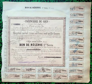 Dépt 45 - Gien - Très Célèbre Faïencerie de Gien Titre Peu Courant 22/06/1895 - Bild 1 von 1