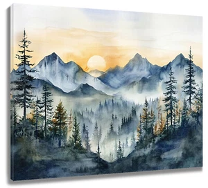 Sunset Landscape Mountain Forest Abstract Wall Art for Bathroom Living Room - Picture 1 of 15