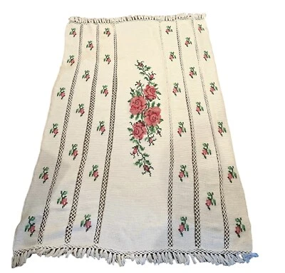 Manta afgana de ganchillo vintage crema cosida en cruz BONITA ROSA hecha a mano Foto 1 de 4