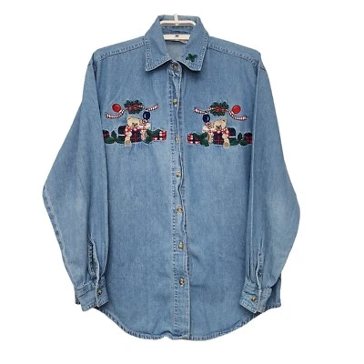 Blusa Bobbie Brooks Mujer Pequeña Bordada Denim Top Navidad Vacaciones Oso Foto 1 de 4