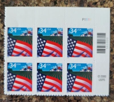 USA Flag over Farm Field  34c Self-Adhesive Plate Block of 6 Scott #3470 - Image 1 of 3