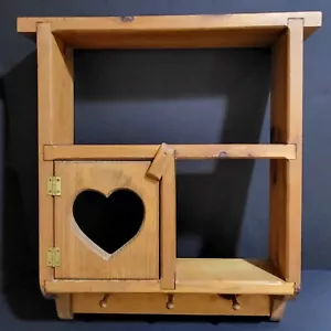 Vintage Wooden Heart Wall Shelf Door Pegs Hangers Knotty Pine Rustic 18x14x3" - Picture 1 of 15