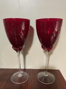 PAIR OF MURANO? ART GLASS WINE DEEP RUBY RED 9.75" 16 OUNCES EXCELLENT - Picture 1 of 4