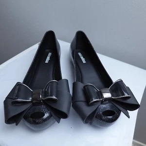 NEW Mini Melissa Ultragirl Sweet Girl Ballet Flats Size 2 Glitter Black Bow - Picture 1 of 8