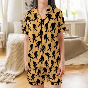Sasquatch Pajama Set Short Sleeves, Bigfoot Woman's Satin Pajama Short Sleeve - Picture 1 of 9