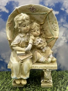 Resin Figurine Kids on Bench with Umbrella Vintage Boy Girl Dog Book Decor - Picture 1 of 9