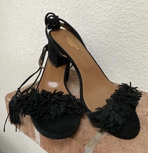 Aquazzura Black Fringe Wild Thing Block Heel Sandals Sz 37 - Picture 1 of 6