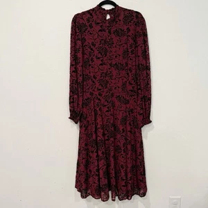 Einzigartiges Vintage weinrot Blumen hochgeschlossen Langarm Maxikleid 2X/18 - Bild 1 von 6