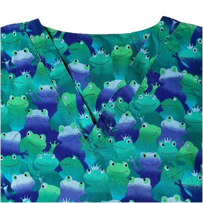 Handmade Scrub Top Size Large (Estimated) Green Purple Cartoon Frog Animal Print - Image 1 of 4