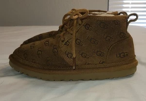 UGG Neumel Embossed Logo Suede Lace Up Sheepskin Lined Ankle Boots Womens Sz 7 - Picture 1 of 14
