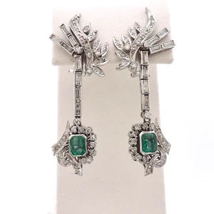 18k Gold Natural Diamond Emerald Spray Dangle Earrings Deco Style Appraisal - Picture 1 of 10