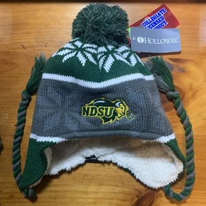 NDSU Bison Rodelmütze Ohrenklappen Fleece gefüttert Bommel grün grau Unisex Bindekordel - Bild 1 von 11