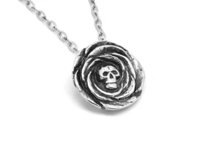 Rose Skull Necklace, Handmade Flower Cranium Pendant Goth Jewelry in Pewter - Picture 1 of 4