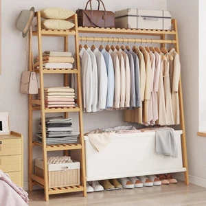 ColourTree Bamboo Garment Rack with Hanging Rod ,Storage Shelves and Bag - Picture 1 of 19