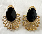 Vintage TARA Fan Art Deco Earrings Rhinestone Black Faceted Gold Tone Statement