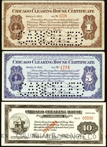 (3) Chicago, IL - Chicago Clearing House Cert. Depression Scrip $1; $5; $10 - Imagen 1 de 2