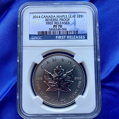 2014 S$5 CANADA MAPLE LEAF, 1oz SILVER,  NGC PF70 REVERSE PROOF, FIRST RELEASES - Image 1 of 4