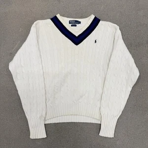 Suéter de Cricket Vintage Polo Ralph Lauren Para Hombres Cuello en V Blanco Grueso Tejido Talla L - Imagen 1 de 12