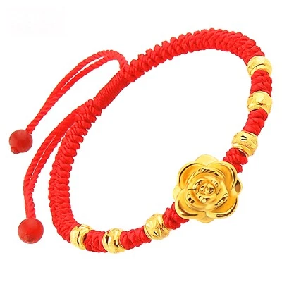 Pure 999 24k Yellow Gold Flower Bead Lucky Red Cord Braided Bracelet 1.6-1.7g - Image 1 of 4