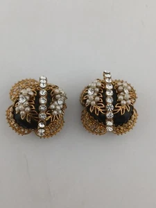 MID CENTURY brass filigree black cabachons wired pearls clear stones earrings - Picture 1 of 9