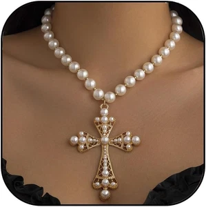 Gothic Cross Necklace for Women Chunky Cross Pendant Layered Pearl Necklaces Got - Picture 1 of 12
