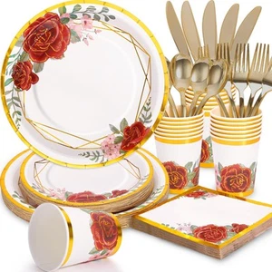 168PCS Floral Paper Plates & Napkins Set - Burgundy Rose Pattern - Disposable... - Picture 1 of 7