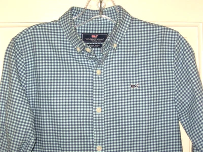 VINEYARD VINES BOYS FLANNEL WHALE SHIRT SZ M 12-14 BLUE TEAL CHECK COTTON EUC - Image 1 of 4