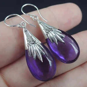 925 Sterling Silver Teardrop Shape Purple Glass Earrings Jewellery - Picture 1 of 7