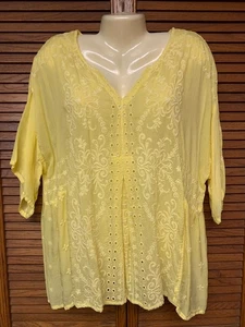 JOHNNY WAS XL YELLOW EMBROIDERED EYELET SHORT SLEEVE CUPRA RAYON BLOUSE TOP - Picture 1 of 10