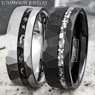 Tungsten Men's Ring Black or Silver Brushed Faceted Meteorite Wedding Band - Image 1 of 4