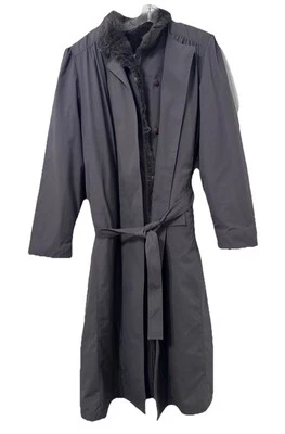 LONDON FOG Vintage Grey Women's Trench Coat Faux Fur Lined Belt Jacket Sz L-XL - Image 1 of 4