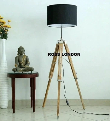 Nautical Wooden Tripod Stand Floor Lamp Chrome Working Shade Lamp Stand Deco - Image 1 of 4