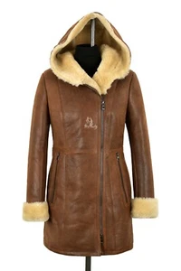Ladies Shearling Sheepskin Coat Copper Vintage Genuine Fur Hooded long Jacket - Picture 1 of 6