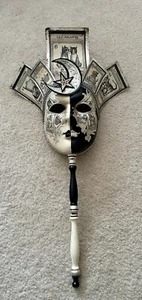 Venetian Black & White Mask Fraudis Jolly With Wooden Handle Made In Venice - Picture 1 of 11