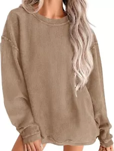 PRETTYGARDEN Women's Oversized Sweatshirt Ribbed Corduroy Crewneck Long Sleeve M - Picture 1 of 4