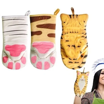 Oven Mitts Baking Gloves Kitchen Gloves Cat Paws Cotton Oven Potholder - Image 1 of 4