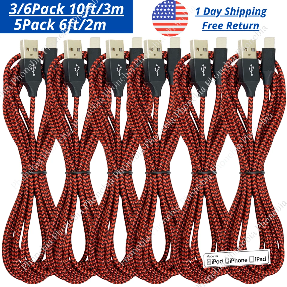 3/5/6Pack 6/10Ft USB Fast Charger Cable For iPhone 14 13 12 11 8 6 Charging Cord - Image 1 of 4