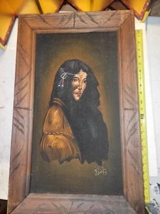 VTG NATIVE AMERICAN INDIAN woman SIGNED BLACK VELVET PAINTING 14x22 - Picture 1 of 3