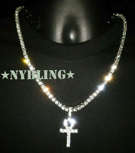 Hip Hop vergoldete Tenniskette ANKH Anhänger Halskette EIS Halskette CZ Schmuck - Bild 1 von 14